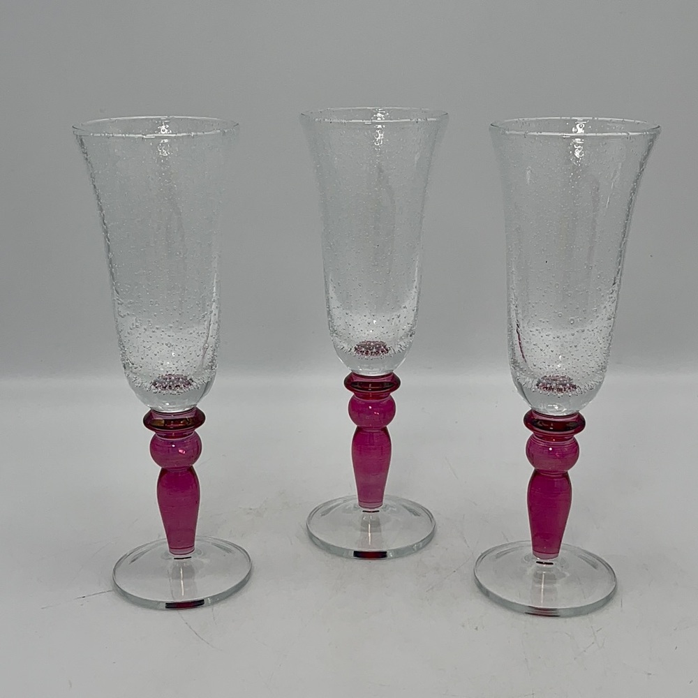 Elegant Pink Stem Champagne Flutes POTTERY BARN bubbled glasses champagne